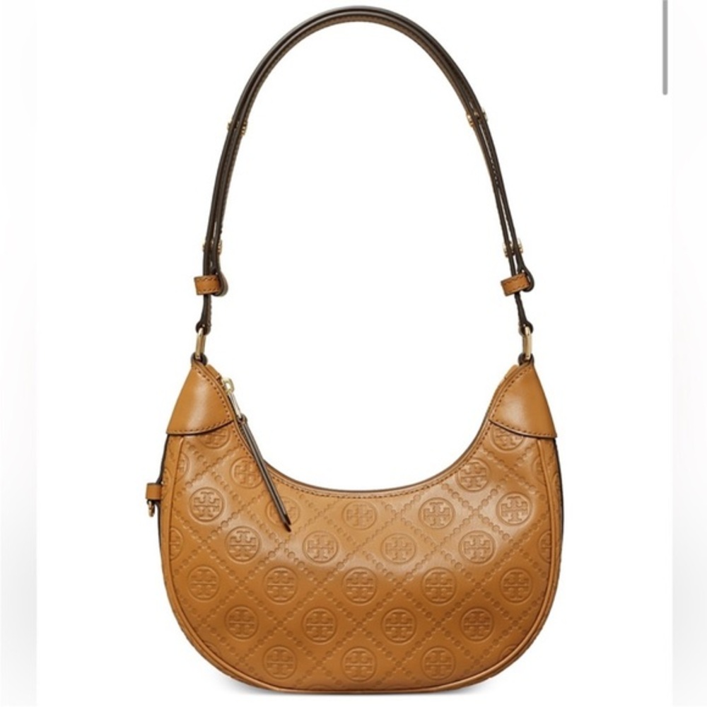 Tory Burch T Monogram Leather Crescent Bag Embossed Hobo Bag